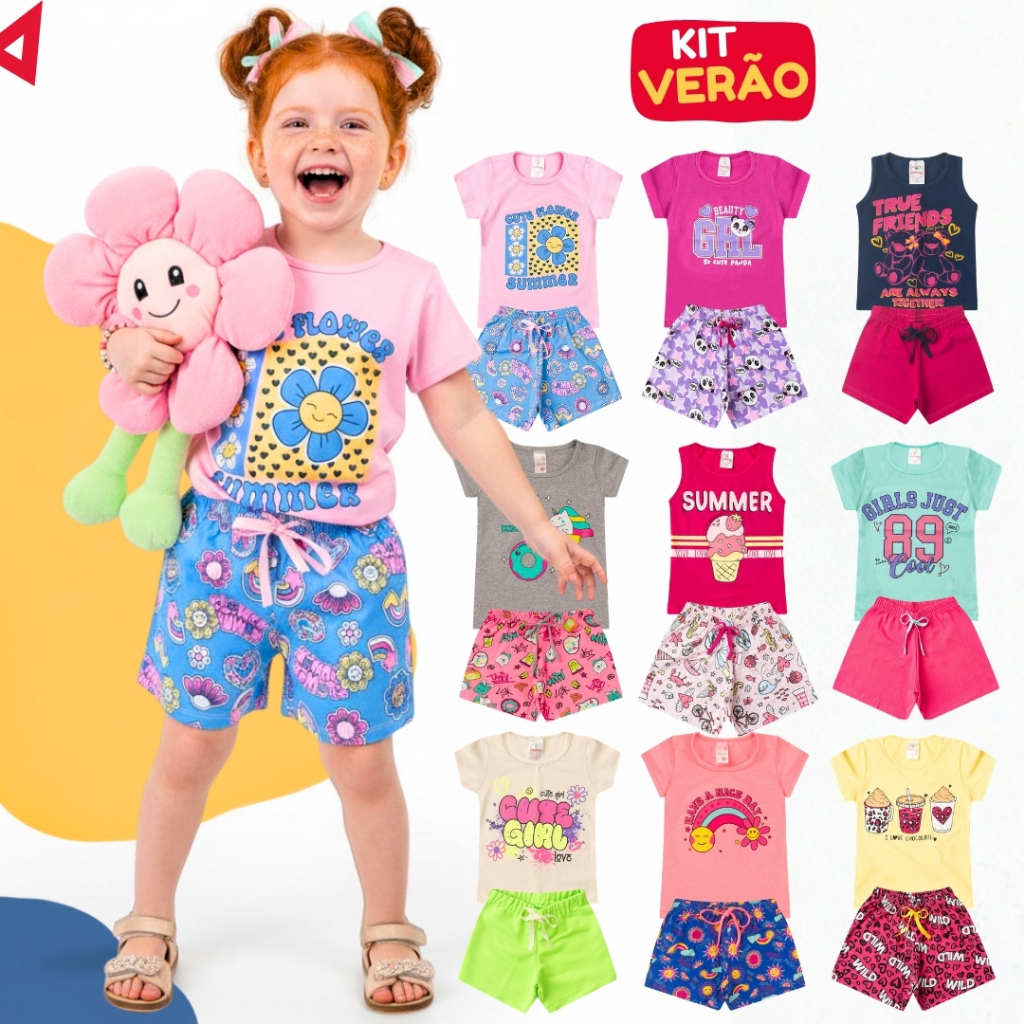 Kit 10 Peças Roupa Verão Infantil Menina Algodão Conjunto Verão Camiseta e Short