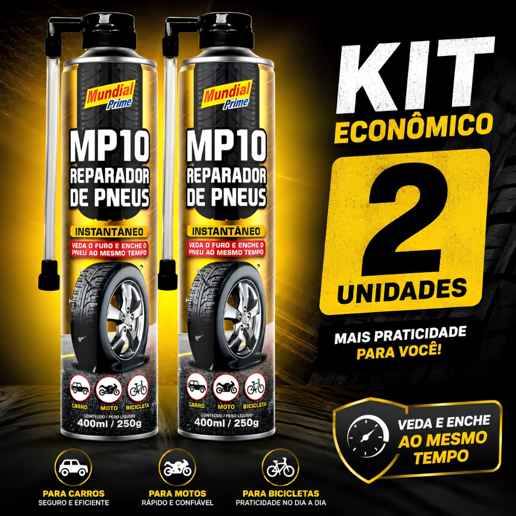 Kit 2 Spray Reparador De Pneu Furado Mp10 Mundial Prime 400ml Bike Carro Moto Bicicleta Ar Reparo