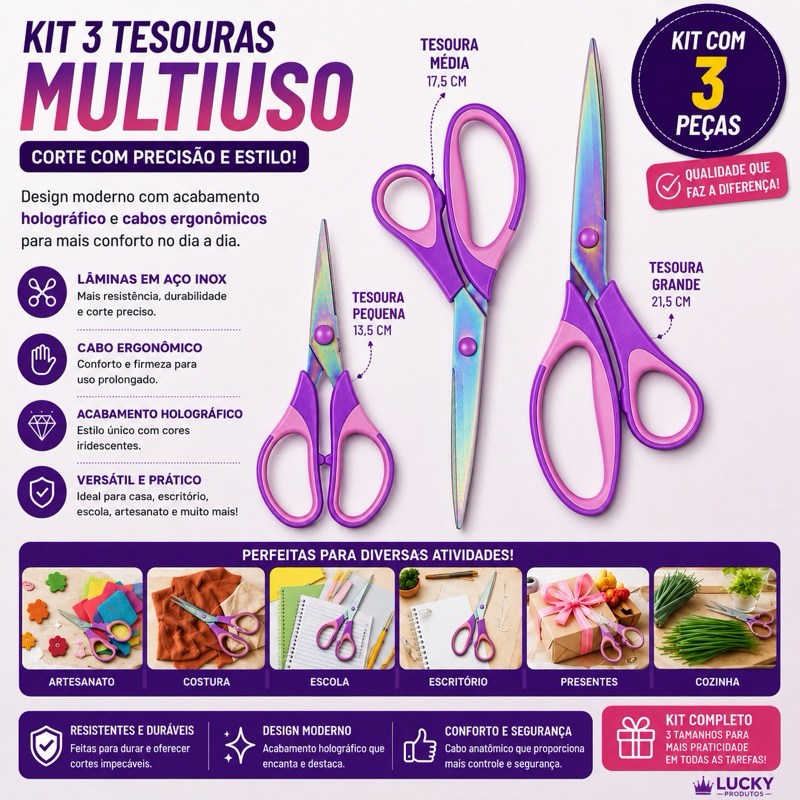 Kit Tesoura De Titânio Profissional 3 Unidades