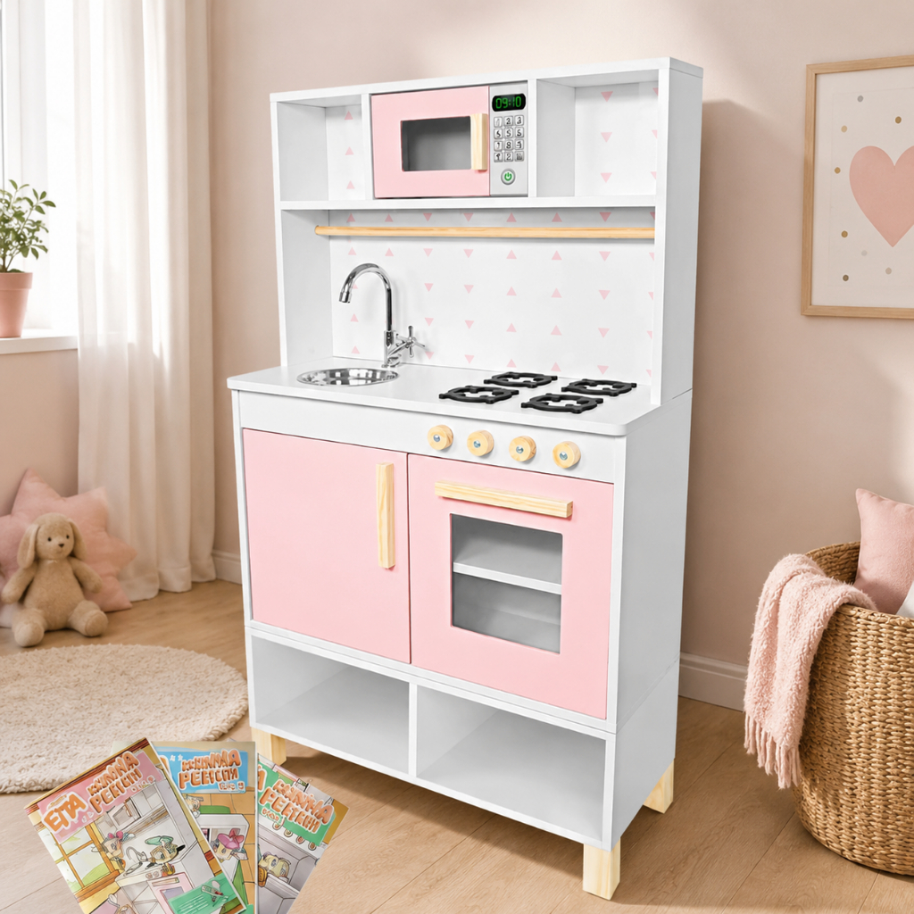 Cozinha Infantil Pia Fogão Microondas Madeira Rosa Bebê Kit Livro Educativo
