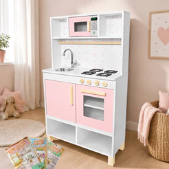 Cozinha Infantil Pia Fogão Microondas Madeira Rosa Bebê Kit Livro Educativo