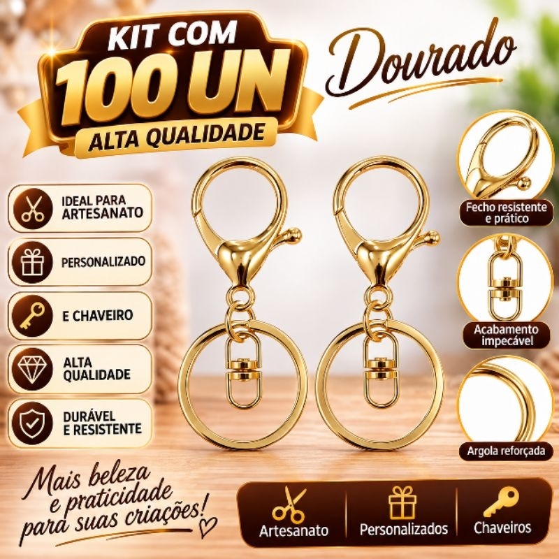 Mosquetão com argola para chaveiro kit com 100und 30mm dourado artesanato, lembrança personalizada, batizado