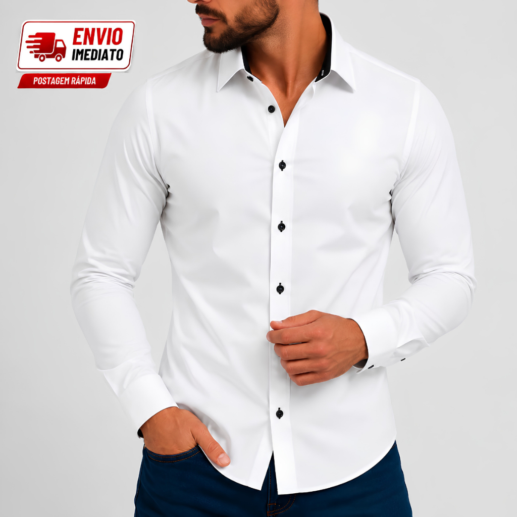 Camisa Social Masculina Manga Longa Confortável Cinza Tecido Leve Casual — imagem 2 de 2