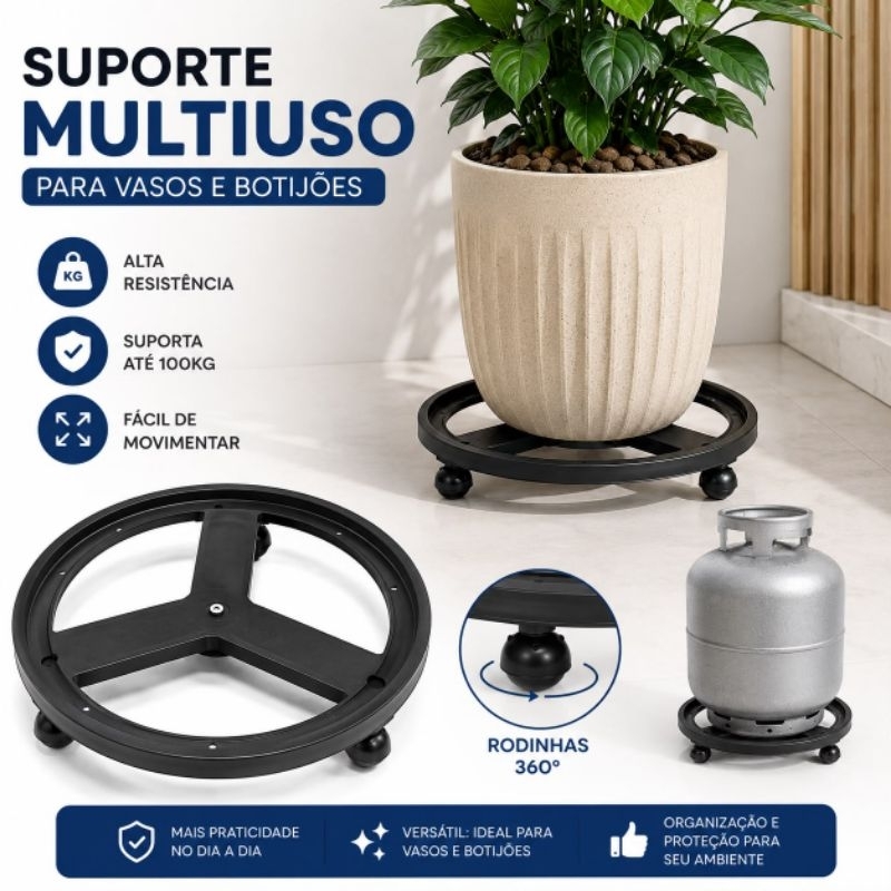 Suporte Multiuso com Rodízios 360° para Vaso de Plantas Botijão de Fácil de Mover Preto para Jardim Cozinha Lavanderia