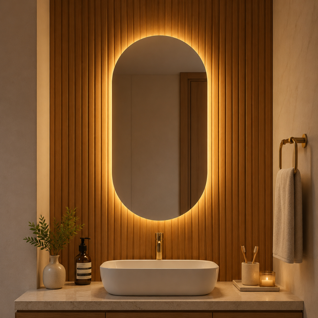 Espelho Oval com LED para Banheiro, Sala e Quarto Luz Quente e Fria