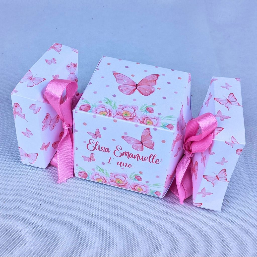 Kit 10 a 50 Caixinha Jardim das Borboletas Bala Sem Lacinho Lembrancinha Personalizada de Papel Offset 180g
