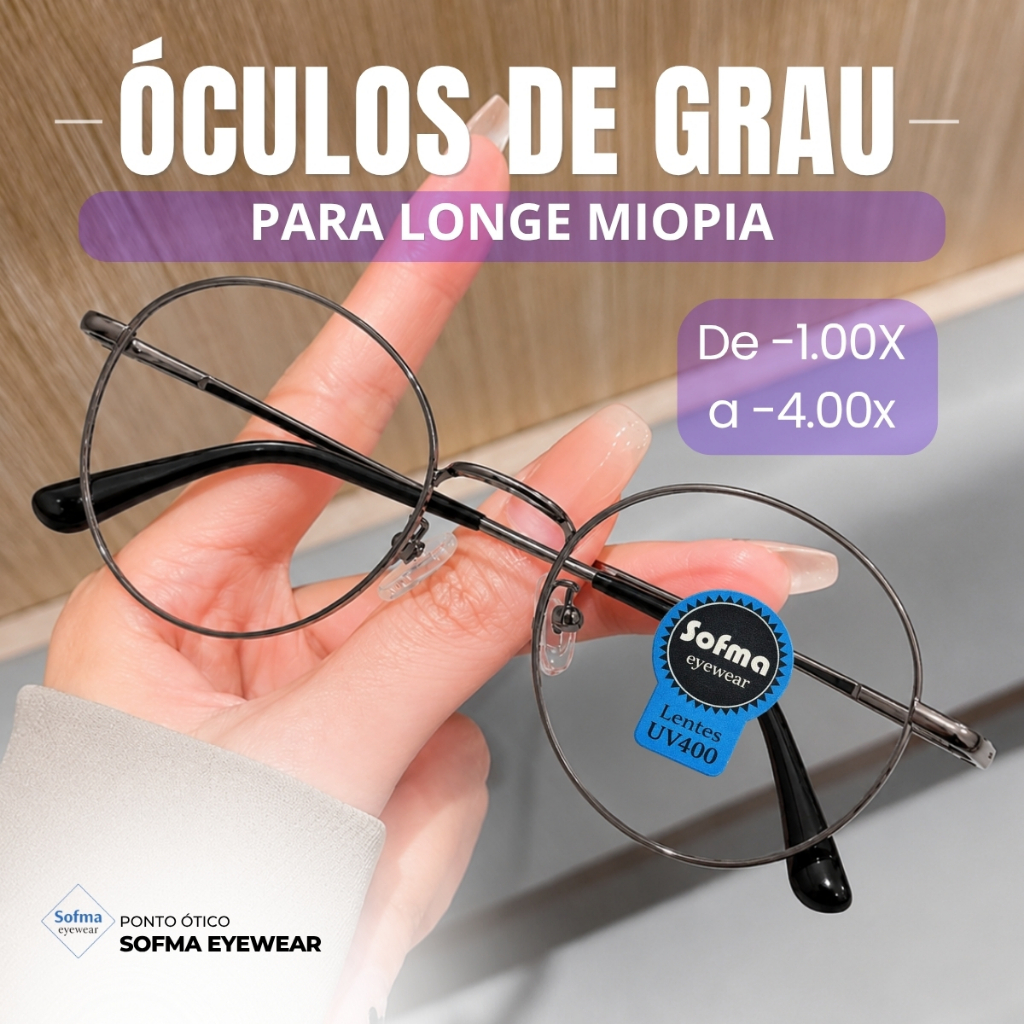 Óculos de Grau Visão Longe Miopia com Lente Pronta -0.50 a -4,00 Armação Cinza Redondo Metálico