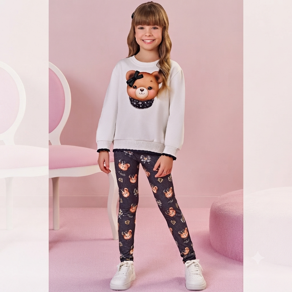 Conjunto de Blusão em Moletom com Pelúcia e Calça Legging em Termoskin Peluciado 89753 Infanti Infantil Menina