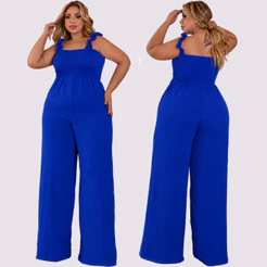 Macacão Plus Size Pantalona Pernas largas,alça de babado busto de lastex.Moda Maior curve midsize Elegante Casual chic