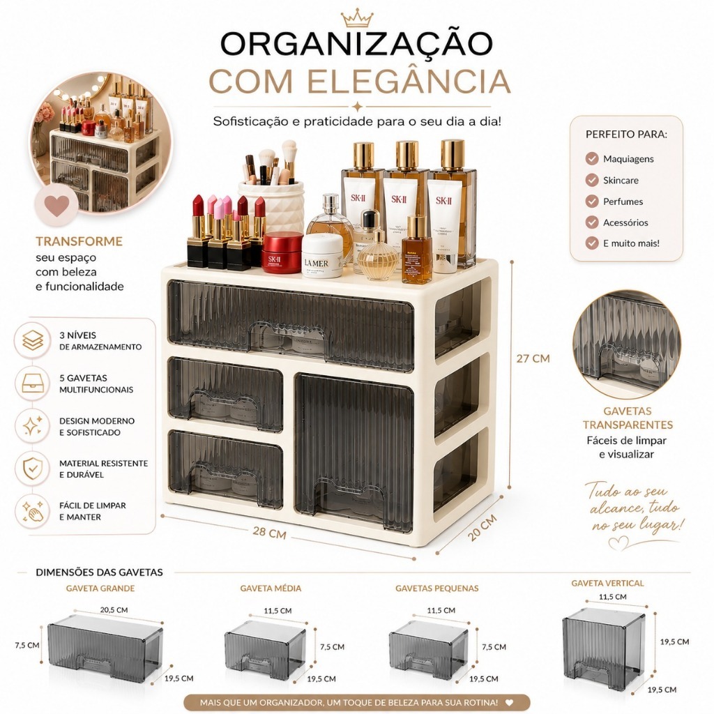 Caixa Organizadora de Maquiagem de Acrílico Luxo Com Gavetas Para Cosméticos Perfumes Joias Skincare Grande
