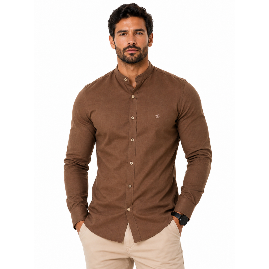 Camisa Masculina Slim Fit Gola Padre Manga Longa, Linho e Agodao Premium