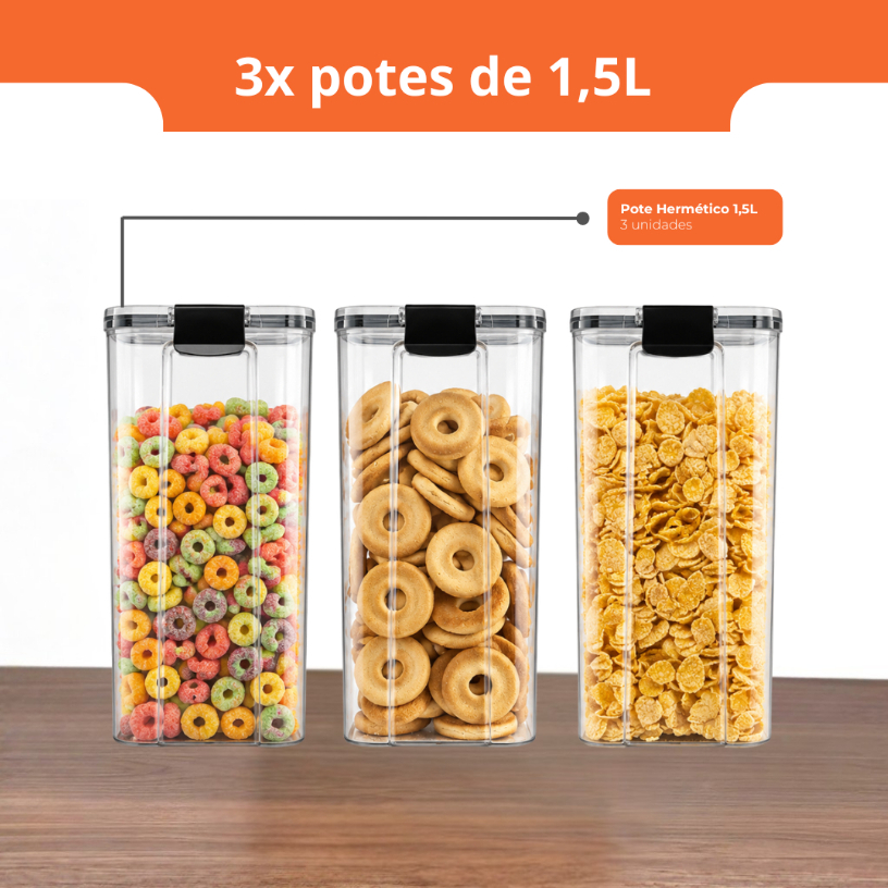 Monte Seu Kit 3 unidades de Potes Herméticos em Acrílico Cristal com Trava Empilhável