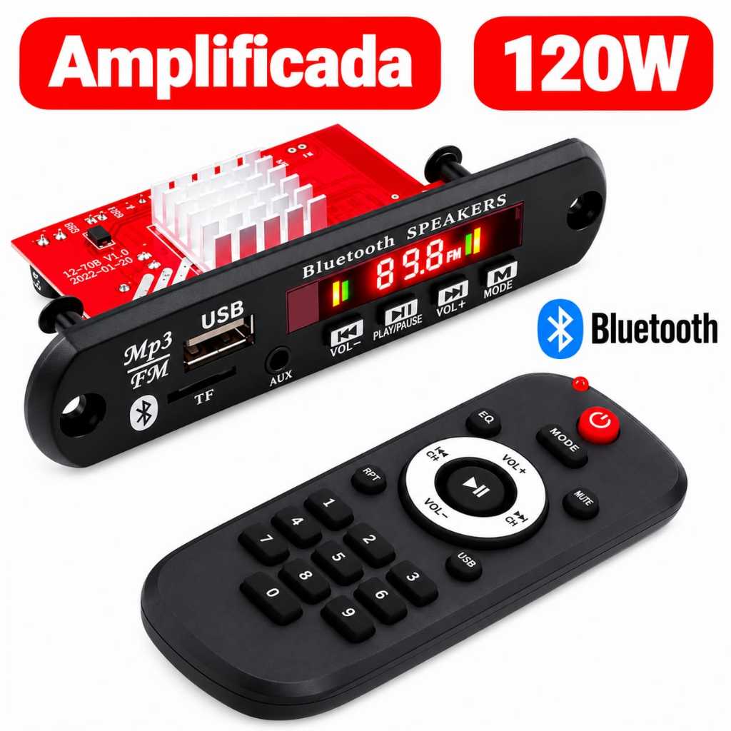 Placa Amplificador Bluetooth 120W e 50W Modulo MP3 Decodificador Mp3 Fm Aux Alto-Falante Rádio som Automotivo controle