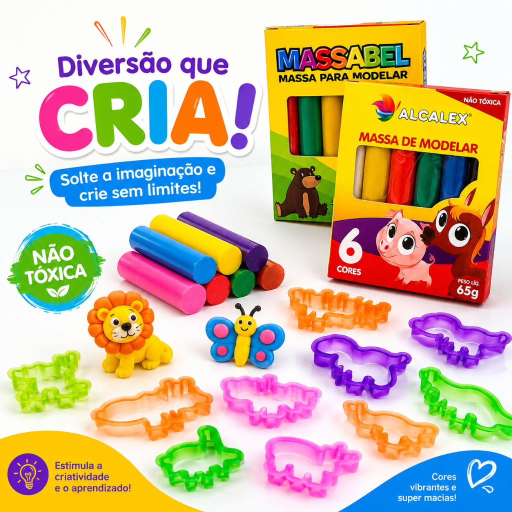 15 Bolha Sabão + Giz de Cera + Revistinha Colorir + Massinha Modelar + 60 Cortad