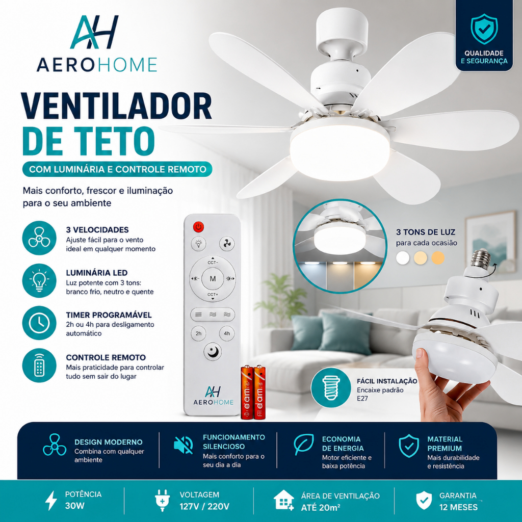 Luminária Ventilador De Teto Lâmpada Led Bivolt Com Controle Remoto 6 Pás Silencioso Soquete E27 Linha Premium