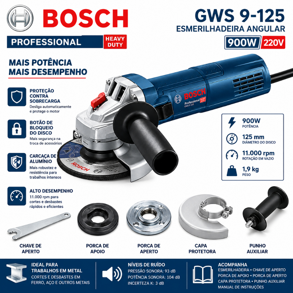 Esmerilhadeira Profissional Angular 5" GWS 9-125 900W 220V BOSCH