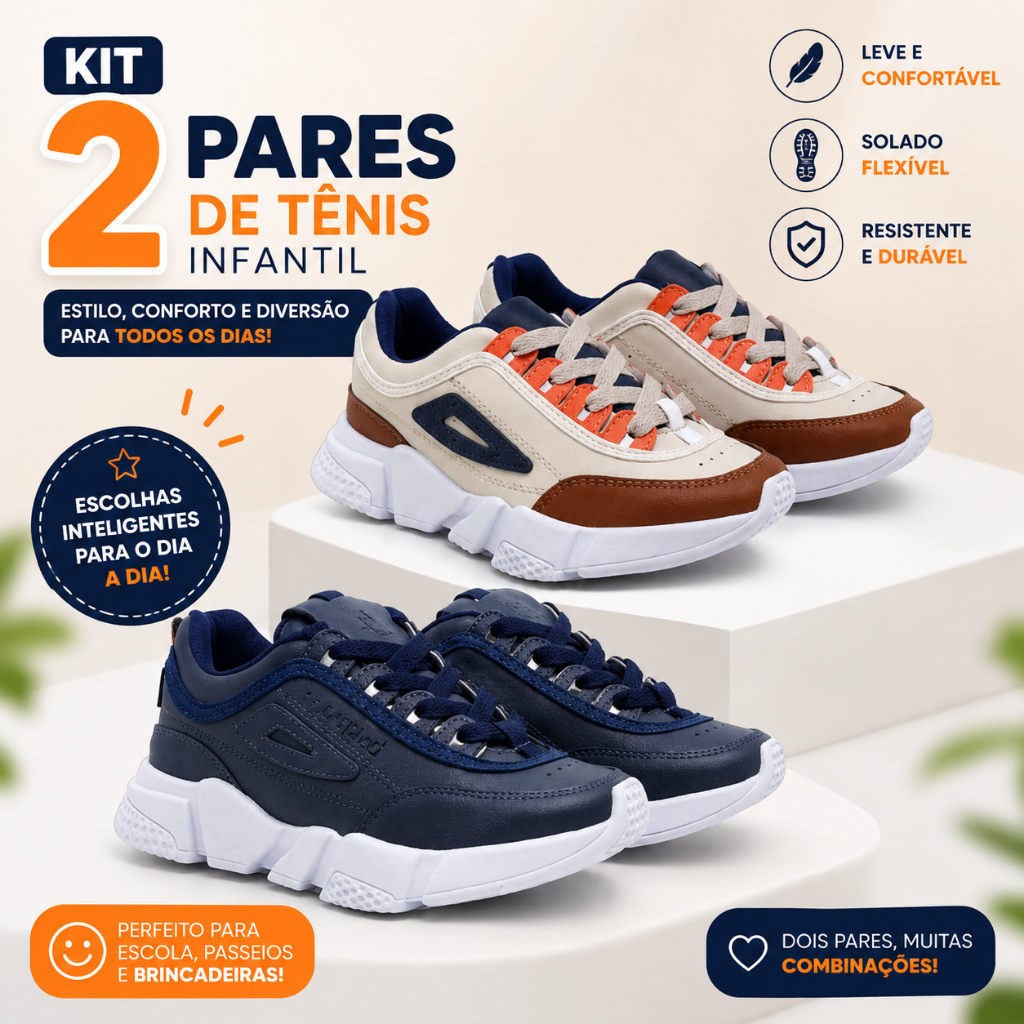 Kit 2 Pares de Tênis Infantil Casual Feminino Masculino com Recortes Básico Escolar