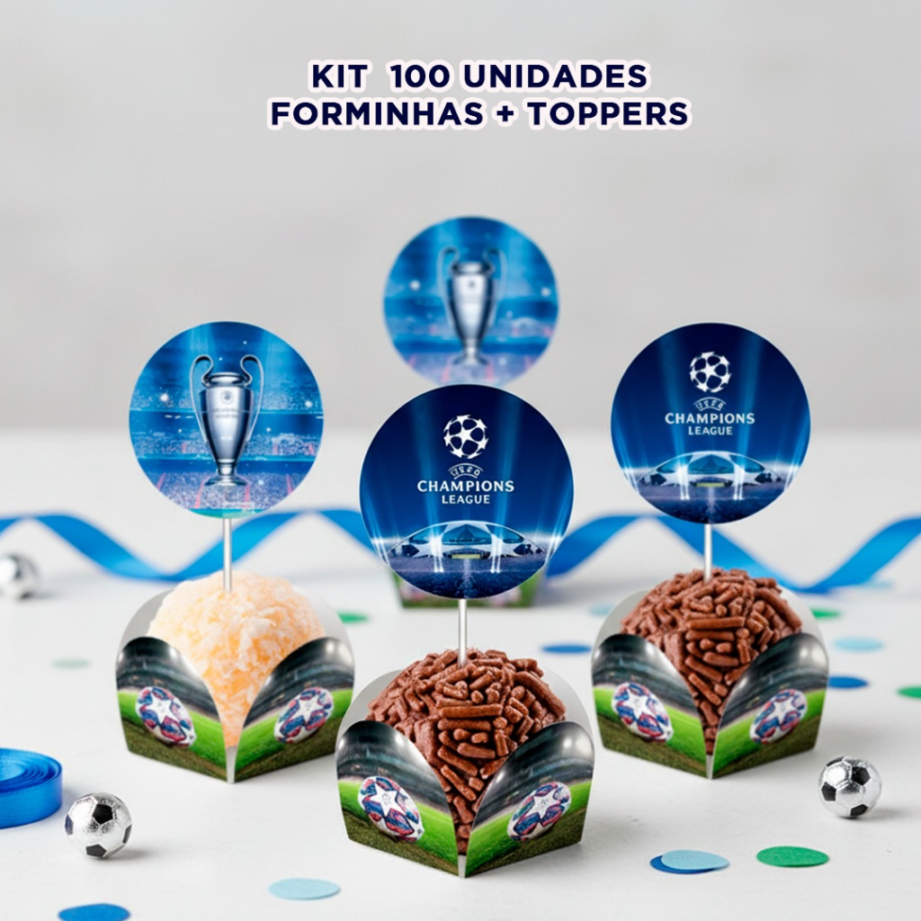 Kit 100 Forminhas Champions futebol Azul com Toppers Decorativos para doces Aniversário menino