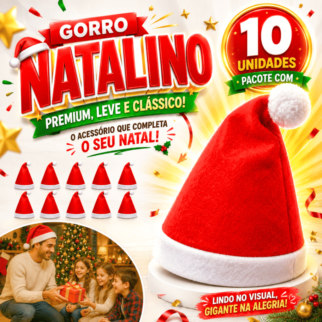 Kit 10 Touca Gorro Papai Noel Mamãe Noel Liso Vermelho Natal