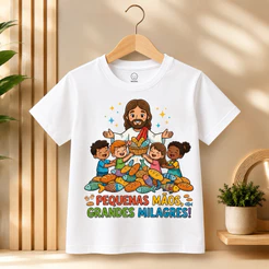 Camiseta Infantil Adulta Cristã Jesus Pequenas Mãos Grandes Milagres Camisa Infantil 100% Algodão Premium Tema Bíblico