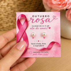 Lembrancinha Outubro Rosa com Brinco Pérola | Tag 5x5