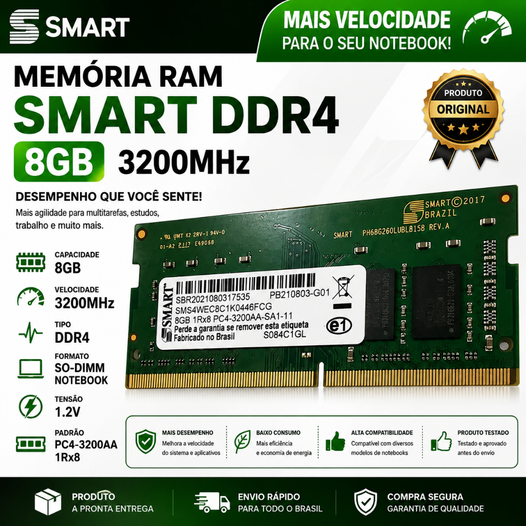 Memória RAM Smart 8GB DDR4 3200MHz Notebook PC4-3200AA 1Rx8 SO-DIMM
