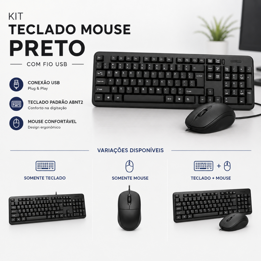 Teclado, Mouse ou Kit Teclado + Mouse USB Com Fio ABNT2 Ergonômico Preto para PC e Notebook