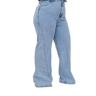 Calça Jeans Feminino Plus Size Sem Lycra, Cintura Alta Detalhe Wid Leg Com Brilho, Revesst Jeans