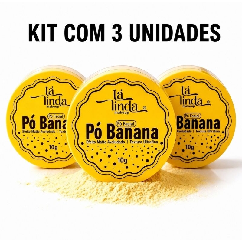Kit com 3 Pó Banana Tá Linda, Pó Facial Translúcido a Prova d'água, Matte, Aveludado, Maquiagem
