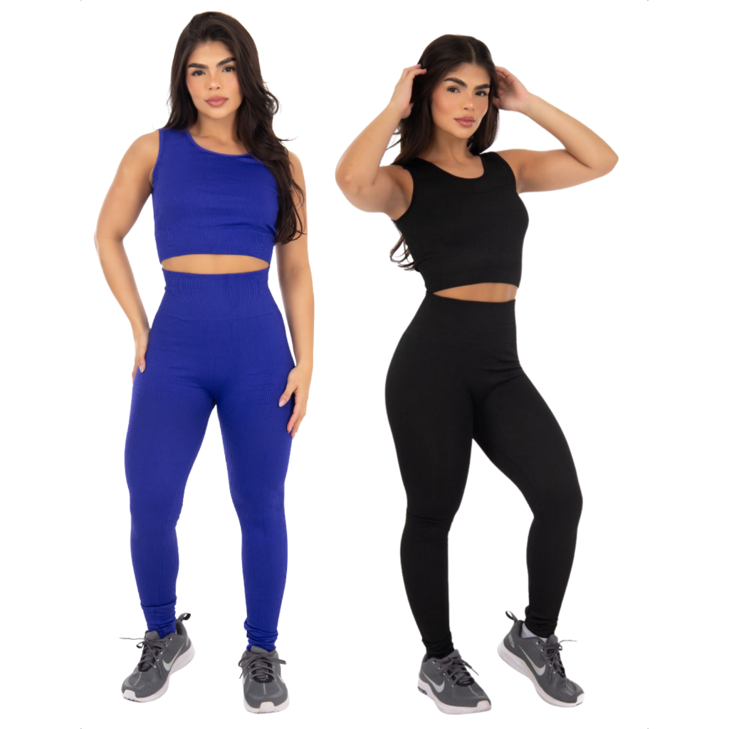 KIT2 Conjunto Fitness Top Legging Cintura Alta Canelado Cf Sports