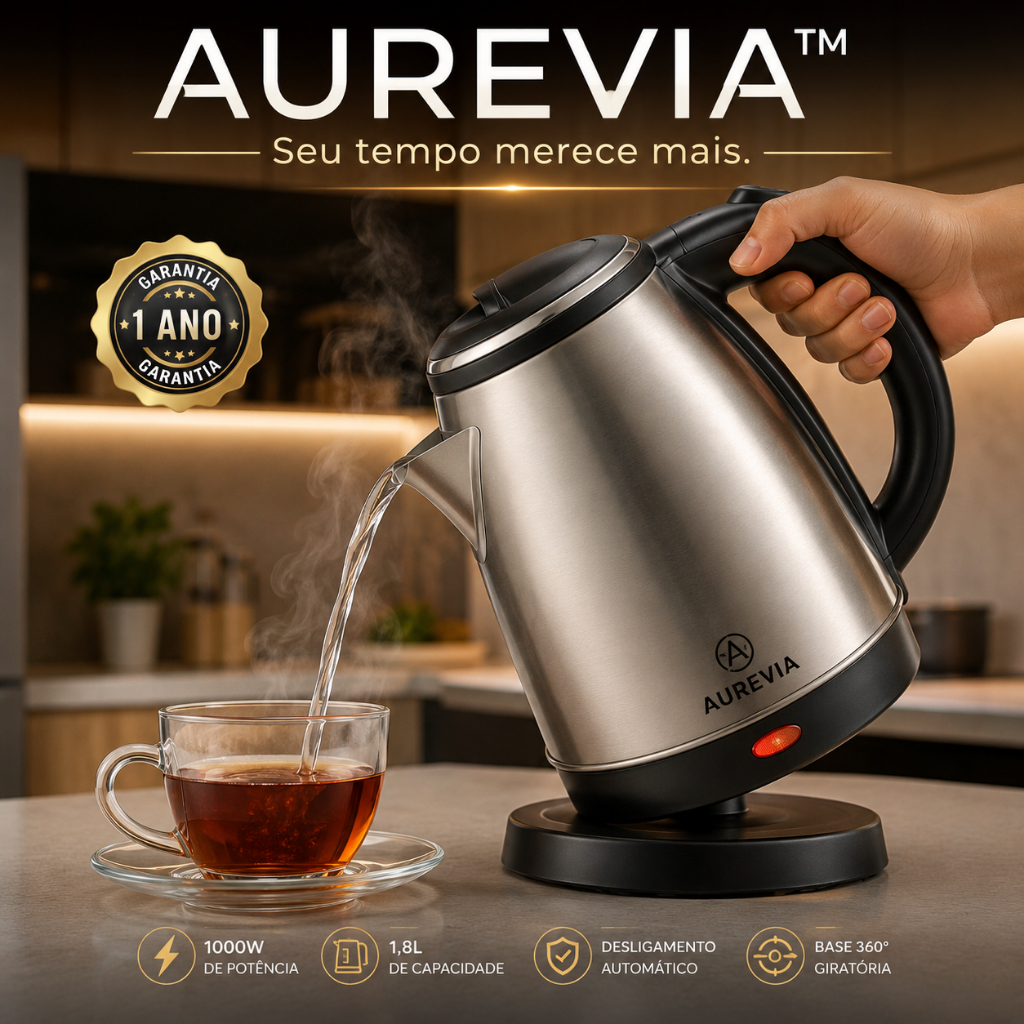 Chaleira Elétrica Inox Aurevia 1,8L 1000W Aquecimento Rápido Desligamento Automático 127V