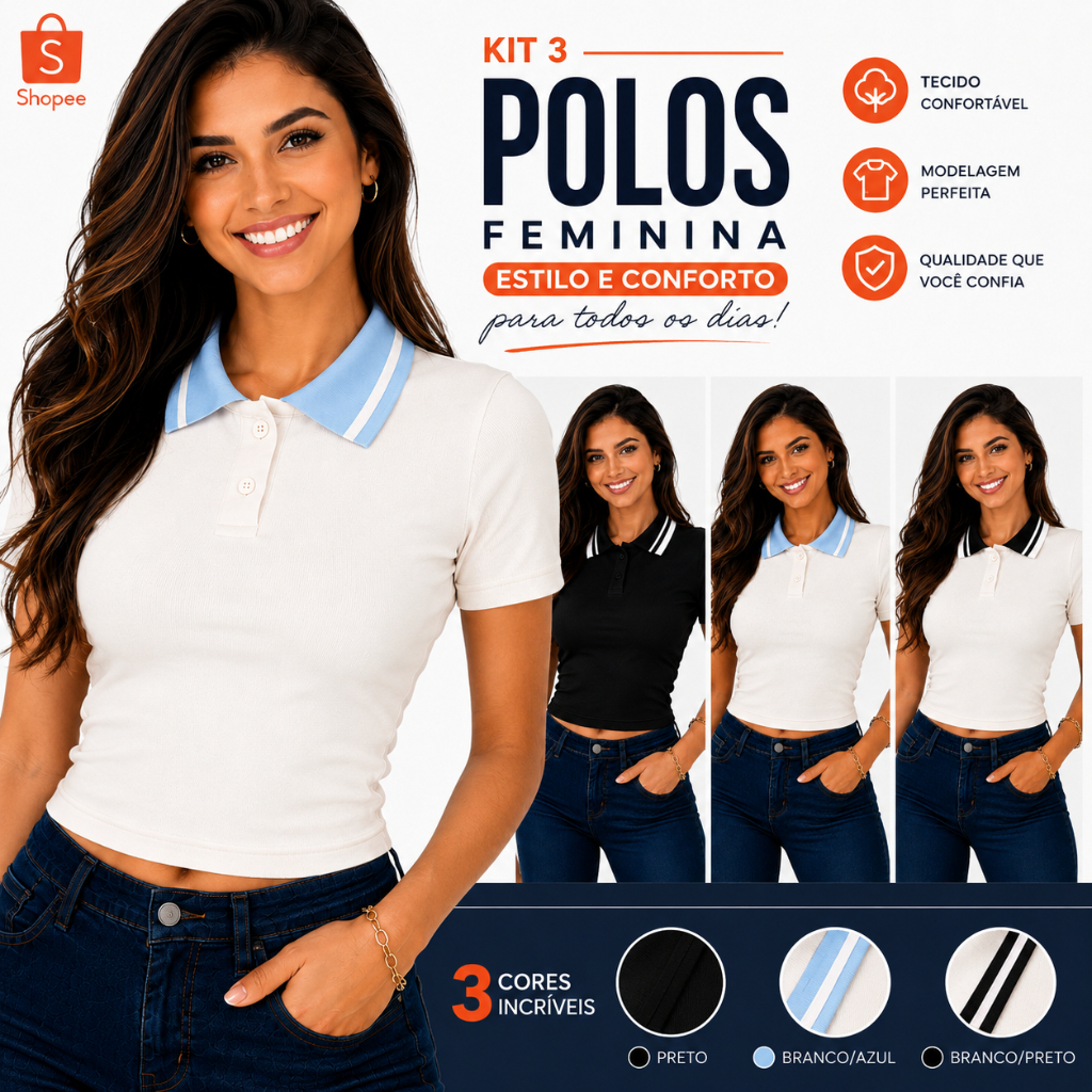 Kit 3 Blusas Polo Femininas Baby Look Ribana Canelada Gola Listrada Manga Curta