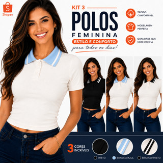 Kit 3 Blusas Polo Femininas Baby Look Ribana Canelada Gola Listrada Manga Curta