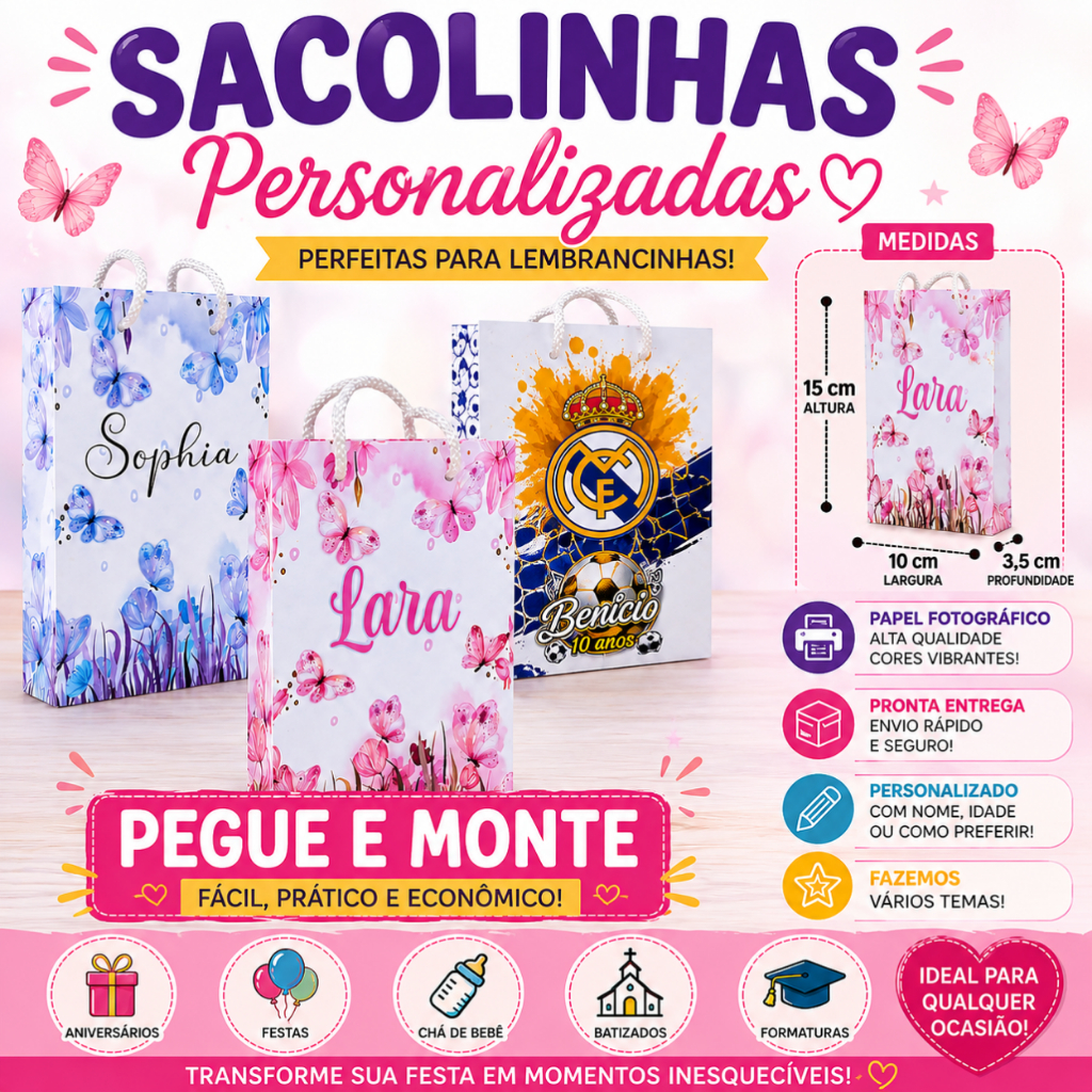 Kit 10 a 40 Mini Sacolinha Personalizada Borboleta Rosa Jardim Encantado Chá de Bebê
