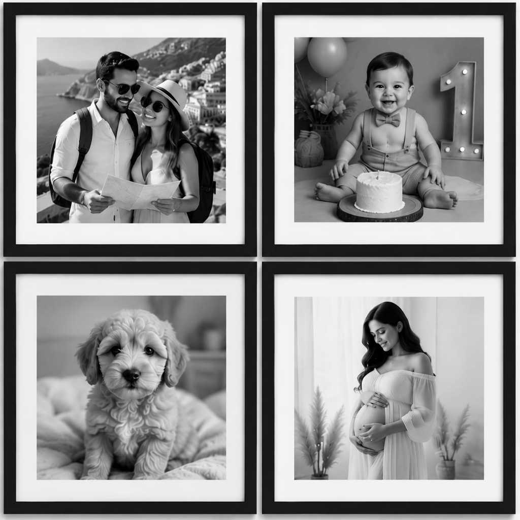 Kit 4 Quadros Personalizados com Suas Fotos – Preto e Branco Decorativo para Sala e Quarto