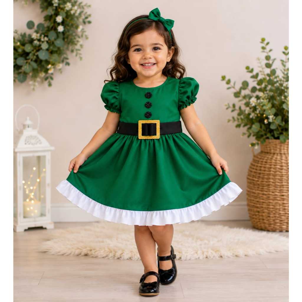 Vestido Natalino Infantil Menina e Bebê Festa Vermelho ou Verde com Cinto Preto Fivela Dourada P a 3 anos infantil