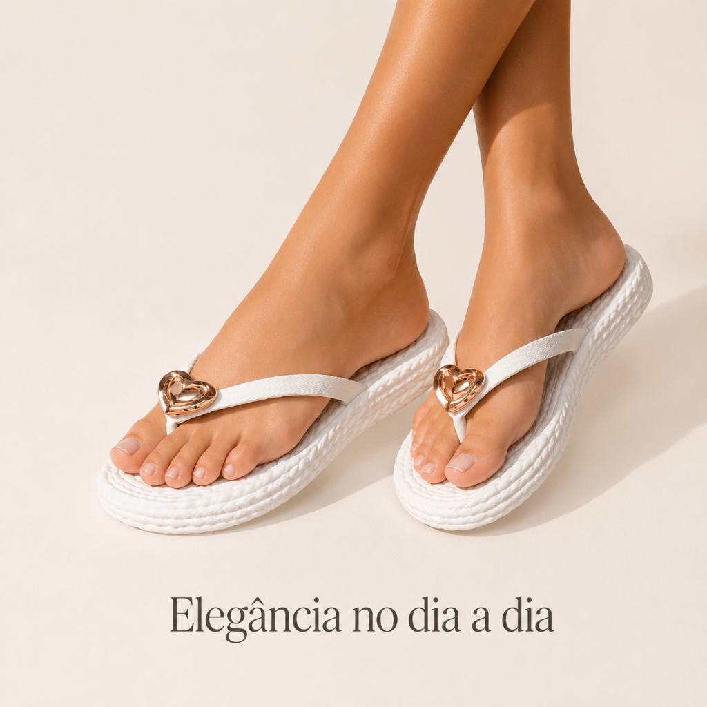 Sandália Feminina Rasteirinha Trançada Detalhe Coração Dourado Confortável Tiras Finas