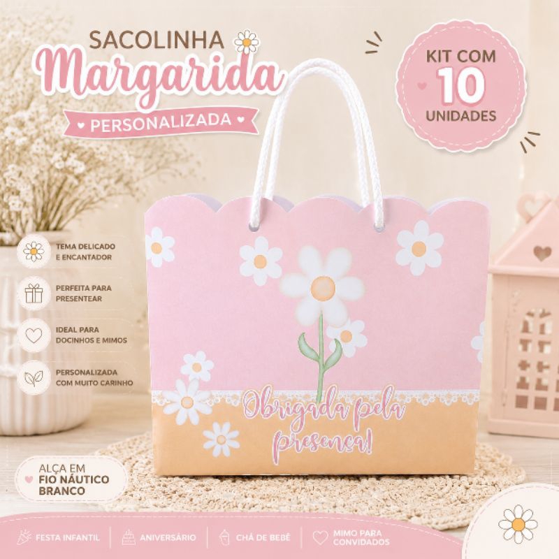 kit 10 Sacolinha Margarida Personalizada | Lembrancinha Festa Infantil Aniversário | Pegue e Monte