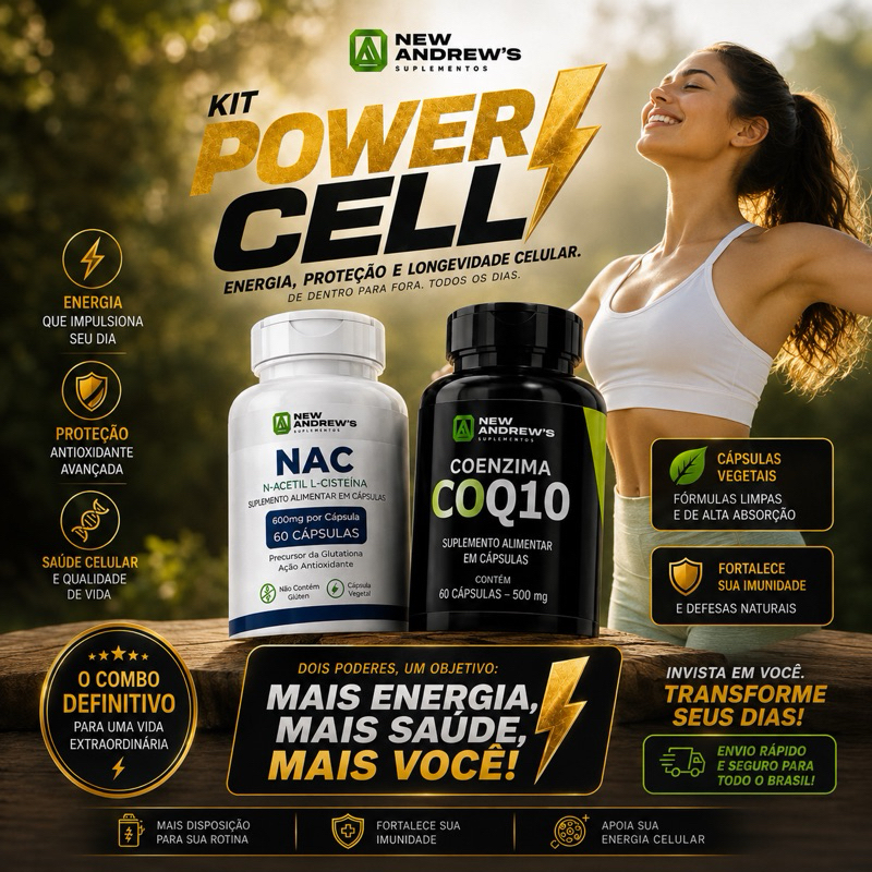 KIT POWER CELL | NAC 600mg + Coezima Q10 500mg | Energia Celular Máxima e Proteção Antioxidante