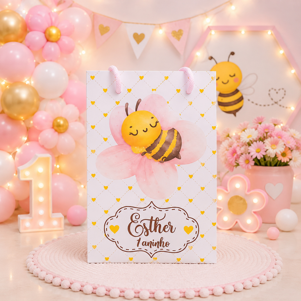 Sacolinha Personalizada (P) ABELHINHA ROSA Lembrancinha Festa Infantil (pegue e monte)