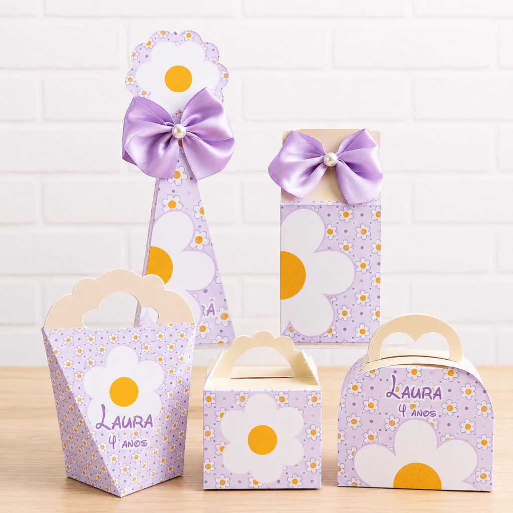 Kit Festa Margarida Lilás Personalizado | Caixinhas para Lembrancinhas | Aniversário Infantil Menina