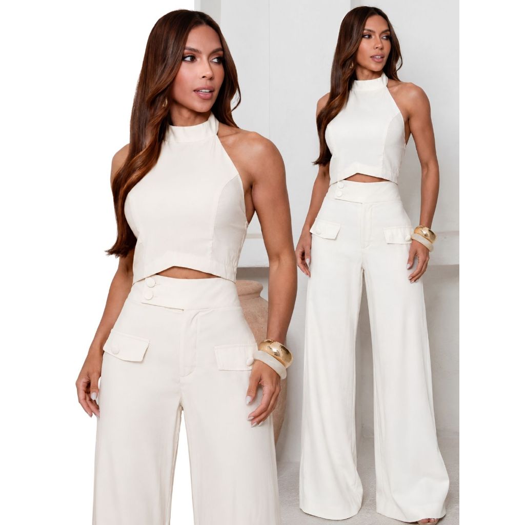 Conjunto Feminino Alfaiataria Cropped e Calça Pantalona Marant | Frente Única | Roupa Social