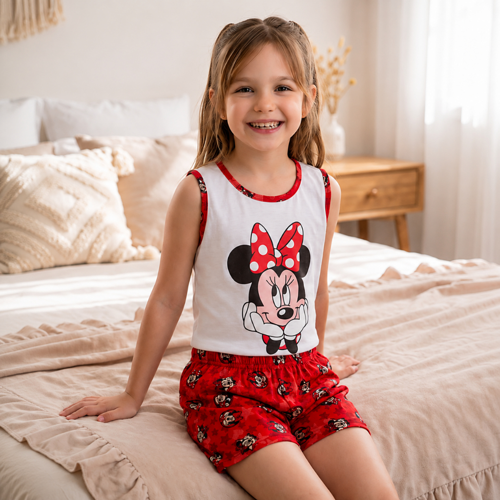Pijama Short Dool Infantil Feminino Camiseta Minnie Baby Doll Verão Regata