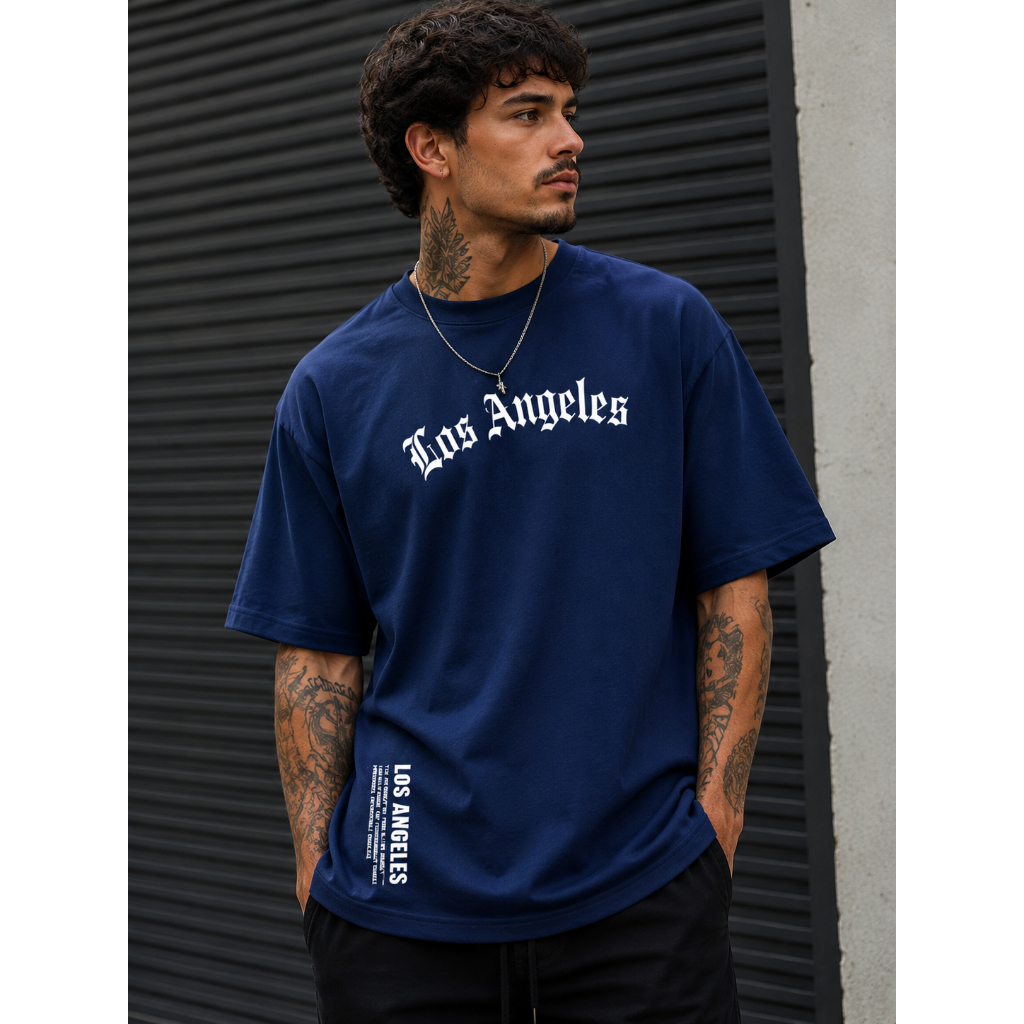 Camiseta Oversized e Básica Streetwear Masculina 100% Algodão Estampada Los Angeles