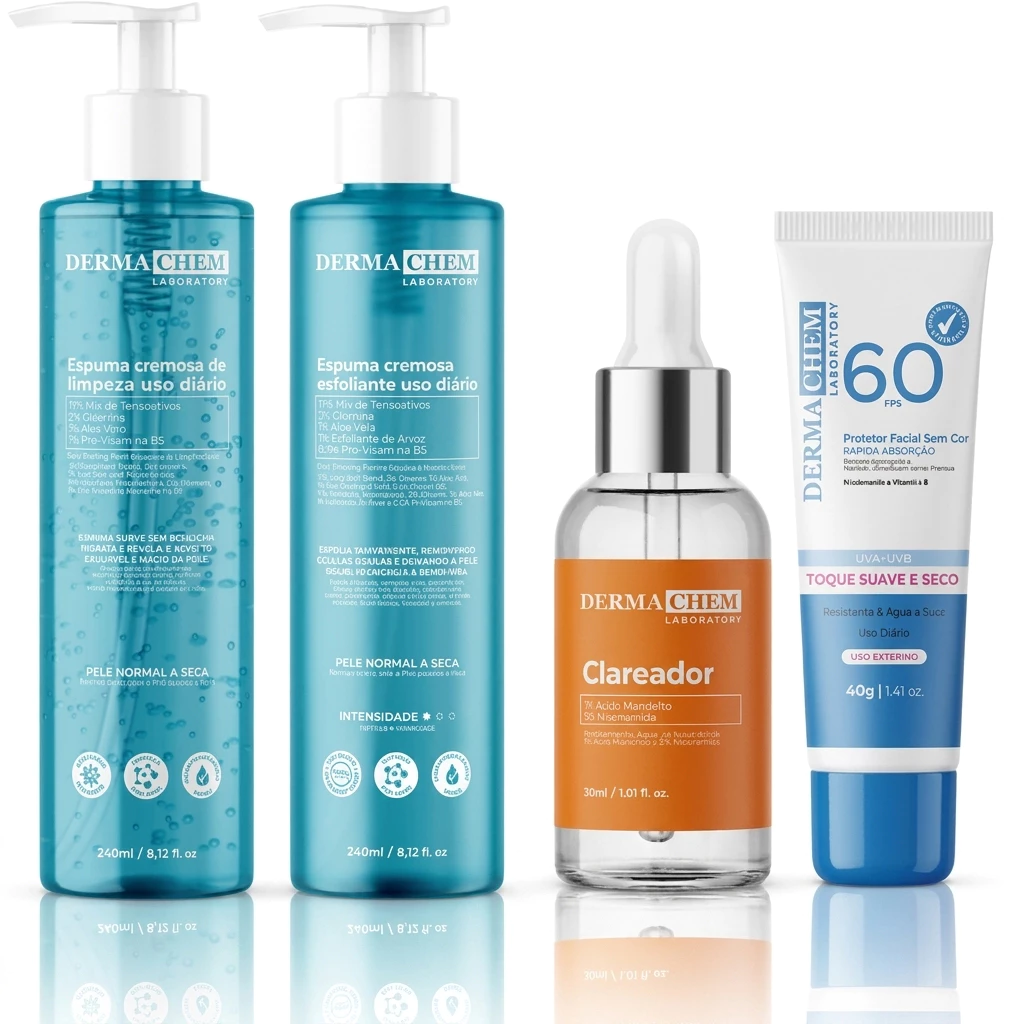 Kit Clareador Skin Care com 4 Itens – Limpeza, Esfoliação, Clareamento e Proteção Solar