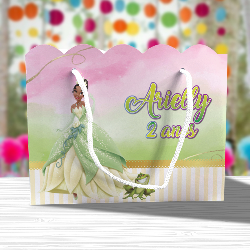 Kit de Festa Princesa Tiana Sacolinha Lembrancinha Personalizada Ondulada Deitada Reta Em Pé