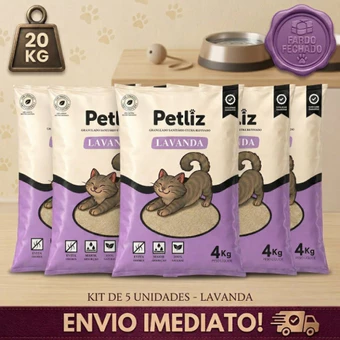 Kit 5 Areia Sanitária Higiênica para Gatos Granulado Fino Médio Aroma Lavanda - Petliz