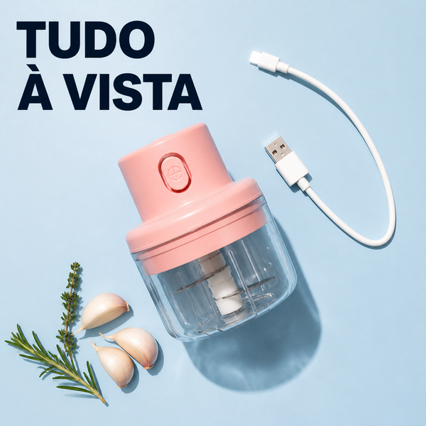Mini Processador Elétrico Recarregável USB com Lâminas de Corte para Alho, Temperos, Legumes e Pequenas Porções no Lar