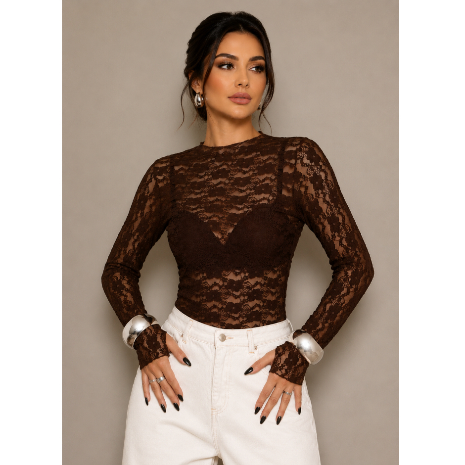 Blusa De Renda Manga Longa Com Dedal Abertura Para o Polegar Renda Poliamida Moda Gringa Tendência
