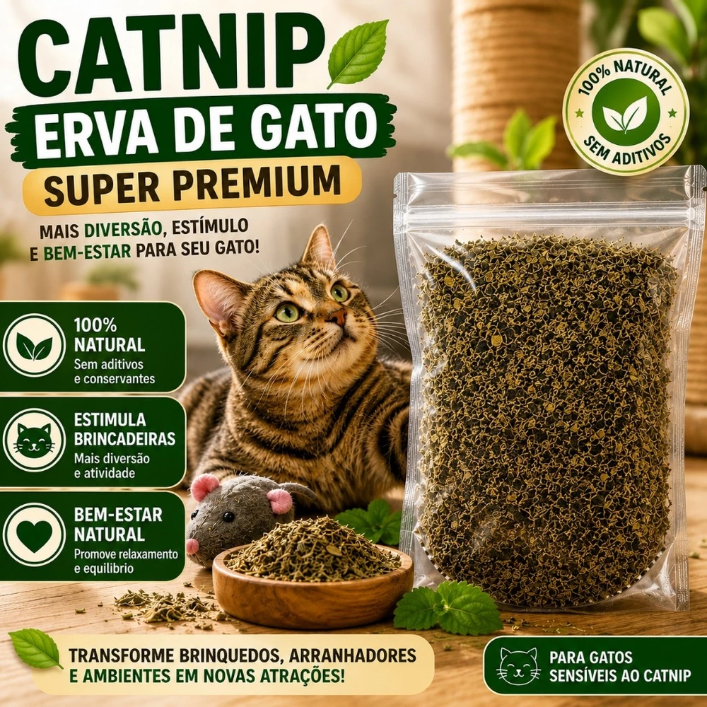 Catnip Erva de Gato Natural Premium Para Brinquedos Arranhadores Relaxamento Diversão para Felinos